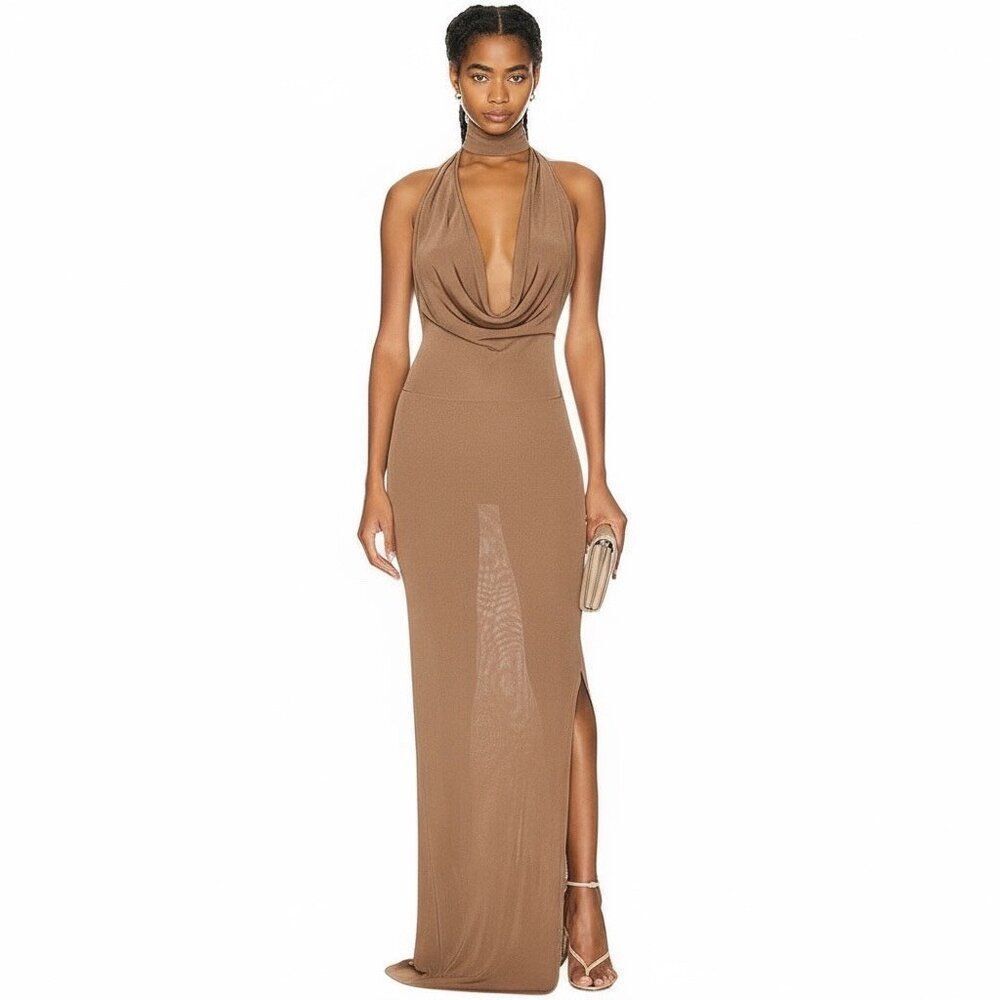 New Aya Muse Edo Halterneck Draped Maxi Dress XS Light Tan Brown